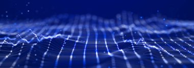 Bilim kurgu geçmişi. Birçok parçacığın olduğu dijital dalga. Festival sunumu için şablon. 3d