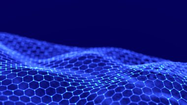 Teknoloji geçmişi. Bal peteği konsepti. Büyük veri. Birbirine bağlı noktalar ve çizgiler olan altıgen uzay. 3d oluşturma