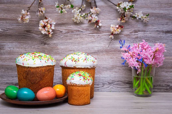 Christian Easter. Easter cakes with eggs on the table. Ascension of Christ. Christ is Risen.