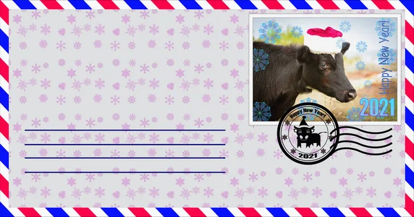 空白邮寄信封 邮票上印有头戴圣诞帽的公牛 设计者的内容 — 图库照片