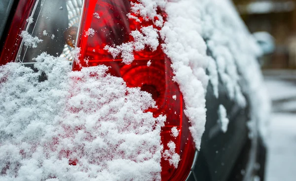 First Snow Late Fall Rear Headlight Car Covered Fluffy Snow — Stock Photo, Image