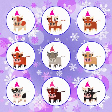 Yeni yıl ve Noel kartı. Noel arkaplanda kar taneleriyle Noel Baba şapkası takmış neşeli boğa buzağıları..