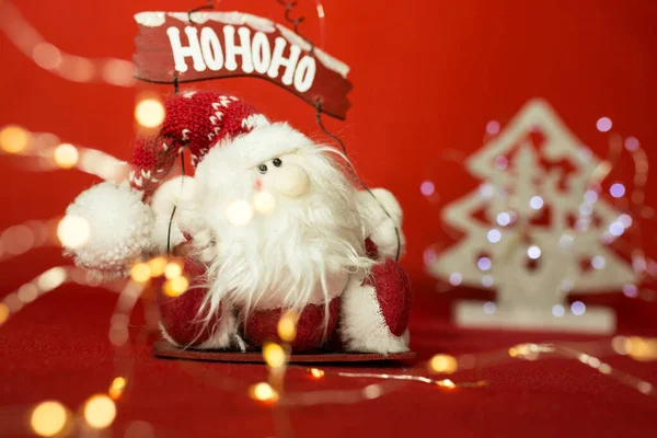 Tarjeta Año Nuevo Navidad Sobre Fondo Rojo Santa Claus Luces — Foto de Stock