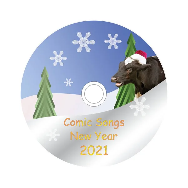 Dvd磁盘覆盖项目 披着圣诞老人帽子的小牛犊 背景是雪堆 2021年新年概念 — 图库照片