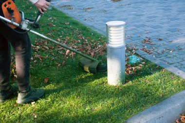 Parkta sonbahar çalışması. Bahçıvan kıştan önce çimleri biçer..