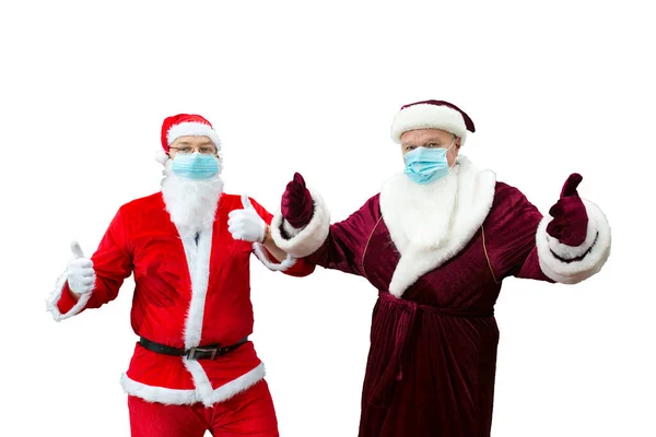Ded Moroz Rosji Święty Mikołaj Maskach Medycznych Ręce Mikołaja Pokazują — Zdjęcie stockowe