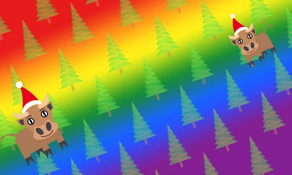 Різдвяний Візерунок Градієнті Веселки Ілюстрації Різдвяних Дерев Телят Капелюхах Санта — стокове фото