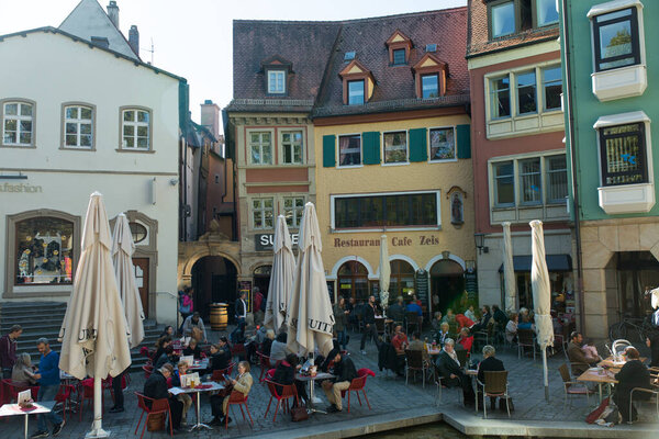 Bamberg, Bavaria, Germany - 10.16.2016: Favorite vacation spot for the townspeople. An area with many pubs and cafes.