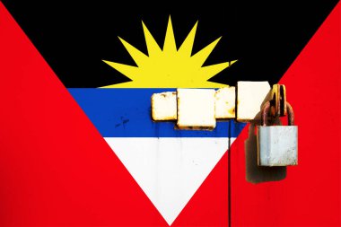 Antigua ve Barbuda bayrağı dokuda. Şablon. Koronavirüs salgını. Ülkeler kapalı olabilir. Kilitler.