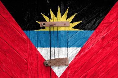 Antigua ve Barbuda bayrağı dokuda. Şablon. Koronavirüs salgını. Ülkeler kapalı olabilir. Kilitler.