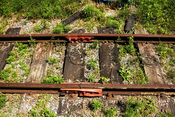 Järnvägsutrustning Installation Rälsbefästning Inspelning Sovjettidens Barnjärnväg Parken — Stockfoto