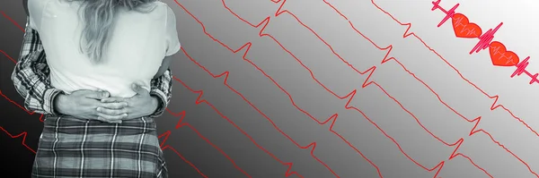 Sevgililer Günü Kartı Adam Bir Aşk Kardiyogramının Arka Planında Kadına — Stok fotoğraf