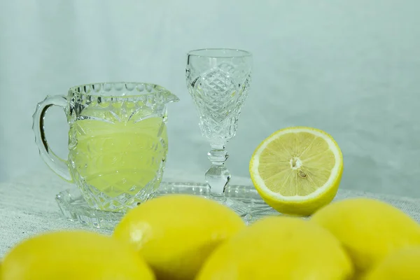 Limoncello Traditional Homemade Lemon Liqueur Limoncello Fresh Citrus Fruits White — Stock Photo, Image