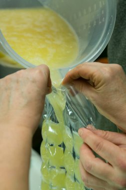 Evde limoncello limonata yapma süreci. İki kadın taze sıkılmış limon suyunu buz torbalarına döker..