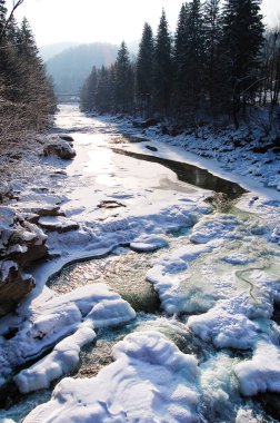 Kışın dağ nehri. Dağlardan akan sular kışın nadiren tamamen donar..