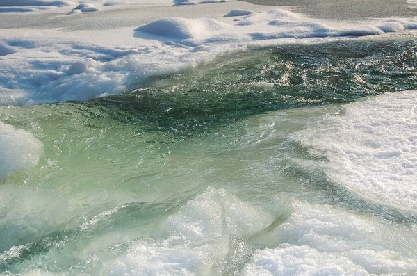 Mountain river in winter. Water flowing down from the mountains very rarely freezes completely in winter.