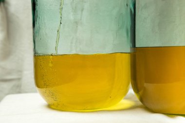 Evde limoncello limonata yapma süreci. İki on litrelik şişeyi limon suyuyla doldurmak..