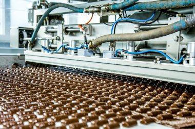 Şeker fabrikası. Şekerleme üretim süreci. Üzerinde şeker olan taşıma bandı..