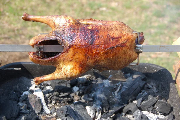 Appetitlich Gegrillte Ente Spieß Gebraten Auf Dem Traditionellen Grill Entenrostbraten — Stockfoto