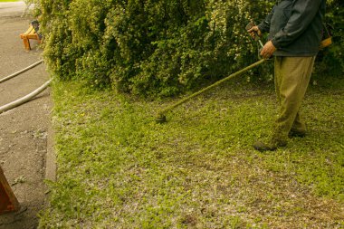 Parkta yaz çalışması. Bahçıvan çimleri kesiyor. Bir adam koruma olmadan çim biçme makinesi kullanır..