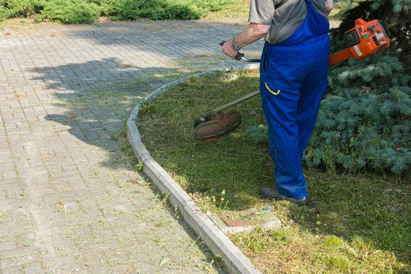 Trabajador Mono Con Trimer Las Manos Corta Hierba Césped Caminos —  Fotos de Stock