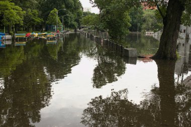 Halk parkı yağmurdan sırılsıklam olmuş. Su dolu park. Islak banklar. Yağmurdan sonra su dolu park. Sağanak yağmurdan sonra boş park..
