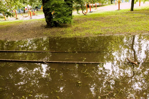 Nyilvános Park Elázott Esőben Vízipark Nedves Padok Park Tele Vízzel — Stock Fotó