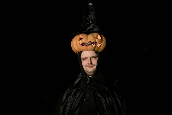 Portrait Man Pumpkin His Head Guy Dracula Costume — Φωτογραφία Αρχείου