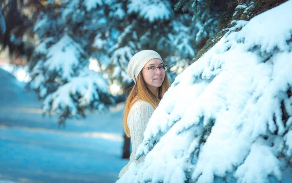 Happy Woman Plays Snow Sunny Winter Day Girl Enjoys Winter — Stock Photo, Image