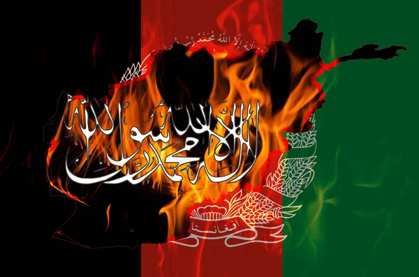 Afghanistan Flag Taliban Insignia Country Outline Map Burning Fire Background — Stock Photo, Image