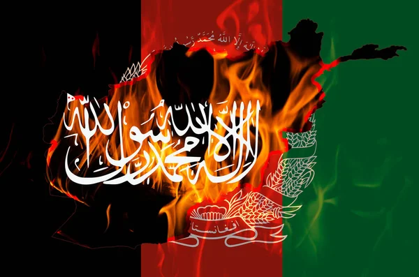 Afghanistan Flag Taliban Insignia Country Outline Map Burning Fire Background — Stock Photo, Image