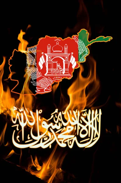 Afghanistan Flag Taliban Insignia Country Outline Map Burning Fire Background — Stock Photo, Image