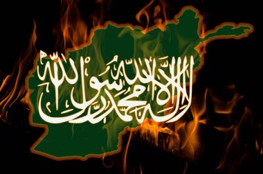Afganistan haritası ve Taliban amblemi. Afganistan problem kavramı.