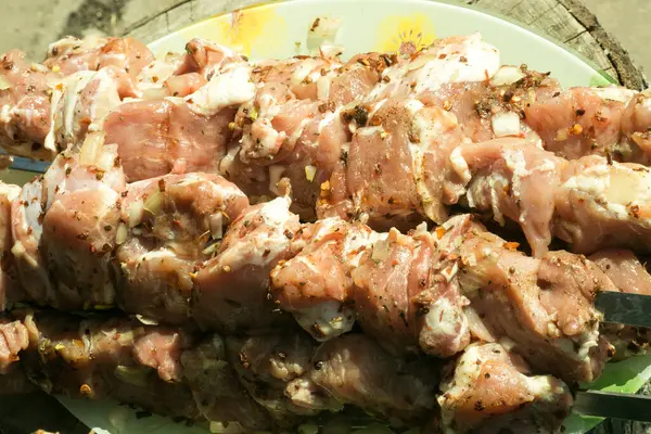 Fatias Suculentas Cruas Carne Com Cebola Espetos Fechar — Fotografia de Stock