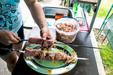 Bir kadın şişe sulu et bağlıyor. Doğada barbekü yapmak.