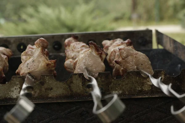 Espetos Marinados São Preparados Uma Churrasqueira Sobre Carvão Vegetal Kebab — Fotografia de Stock