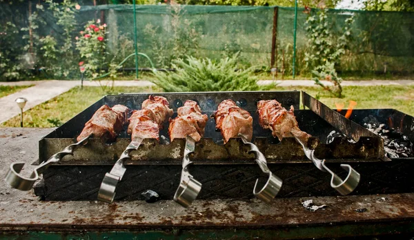 Espetos Marinados São Preparados Uma Churrasqueira Sobre Carvão Vegetal Kebab — Fotografia de Stock