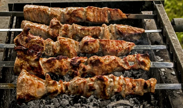 Gemarineerde Spiesen Worden Bereid Een Barbecue Grill Boven Houtskool Shish — Stockfoto