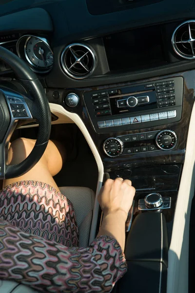 Closeup Female Hands Driving Mercedes Benz Car Luxury Transportation Lifestyle — Stock Photo, Image