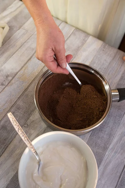 Proceso Hacer Esmalte Chocolate Paso Paso Los Ingredientes Mezclan Una — Foto de Stock