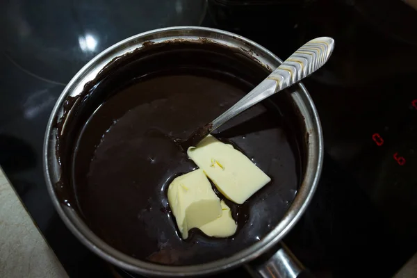 Proceso Hacer Esmalte Chocolate Paso Paso Los Ingredientes Mezclan Una — Foto de Stock