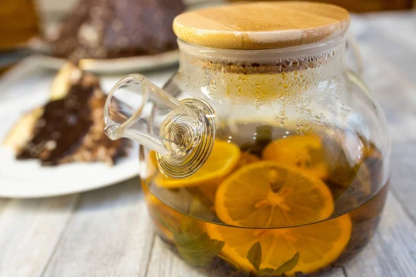 Tea Mint Tea Sliced Lemon Glass Teapot Table Process Making — Stock Photo, Image