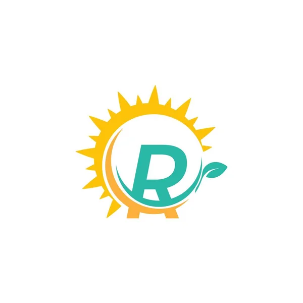 太陽のデザインコンセプトと組み合わせた葉と文字Rのアイコンのロゴ — ストックベクタ