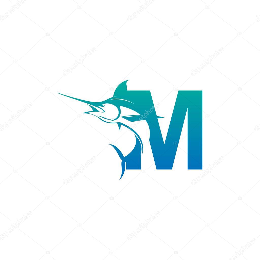 Letter M logo icon with fish design symbol template vector