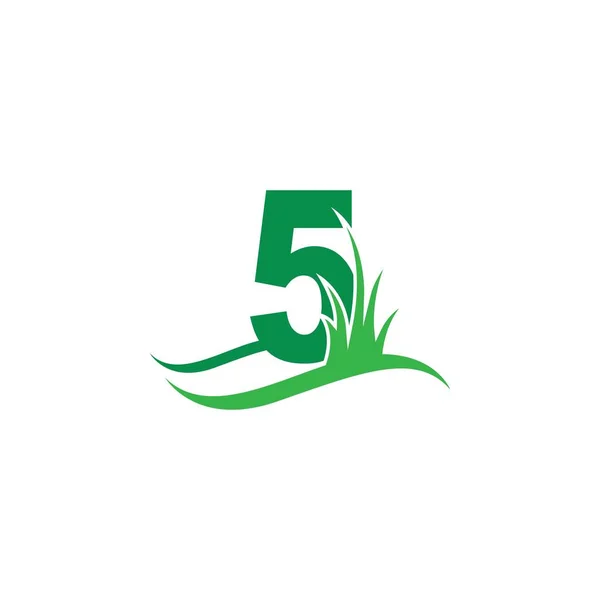 緑の芝生のアイコンのロゴのデザインベクトルテンプレートの後ろの5番 — ストックベクタ