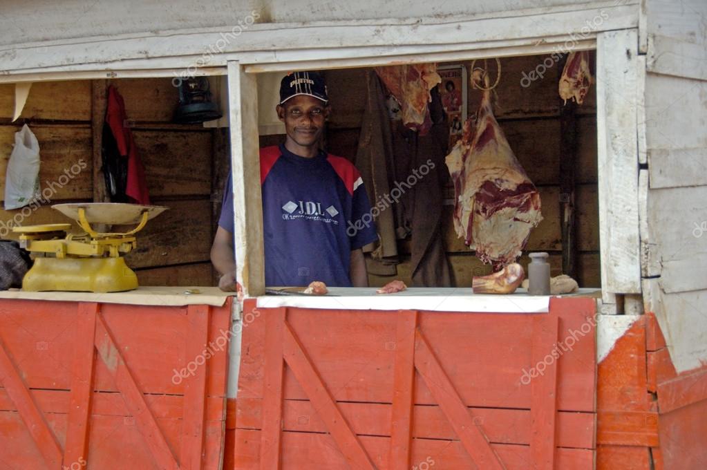 Butcher Is His Shop Selling Fresh Meat Stock Editorial