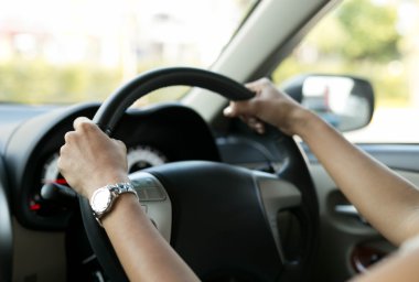 Woman is hands on the steering wheel of the car clipart