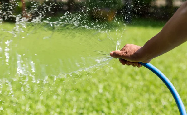 Gärtner gießt Garten aus Schlauch — Stockfoto