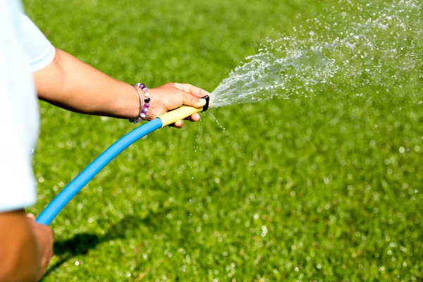 Gärtner gießt Garten aus Schlauch — Stockfoto