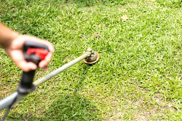 Jardineiro cortando a grama — Fotografia de Stock